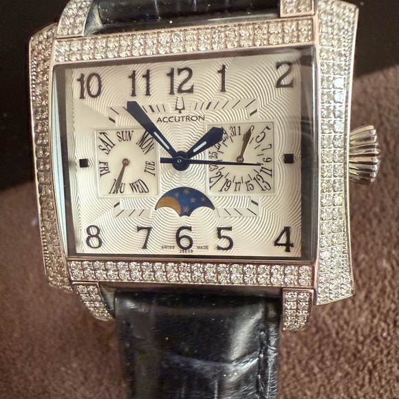 Accutron Silver Diamond Watch with Black Leather Strap